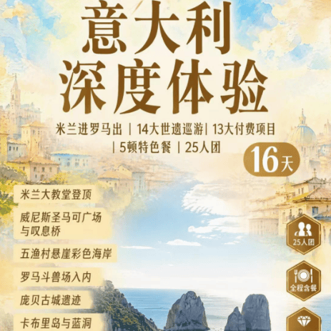 🌸🌸🌸【推一罚十】精品意大利+西西里岛+卡布里岛 深度16天 🌸🌸🌸