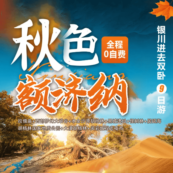 ❤单人保拼房•纯玩•秋色额济纳双卧9日游<一价全含，0套路/0自费/0擦边/0必消，让旅游回归本质，银川升级2晚网评4钻酒店，满12人升级2+1航空大巴>