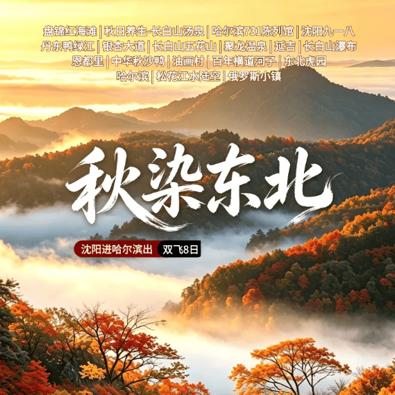 秋季限定【秋染东北】沈阳进哈尔滨出不走回头路·双飞8日·升级2+1陆地头等舱·1晚4钻温泉·全程含7正餐