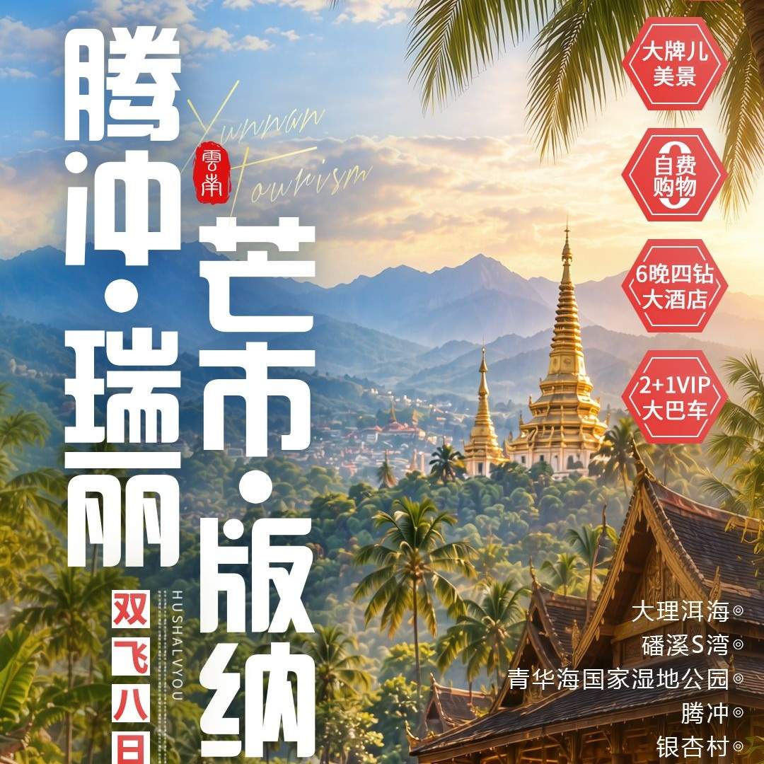 版进丽出【腾冲·瑞丽·芒市·西双版纳双飞8日游】住多晚四钻、坐2+1保姆车、吃马帮宴孔雀宴南涧跳菜，一路打卡云南精华景点！