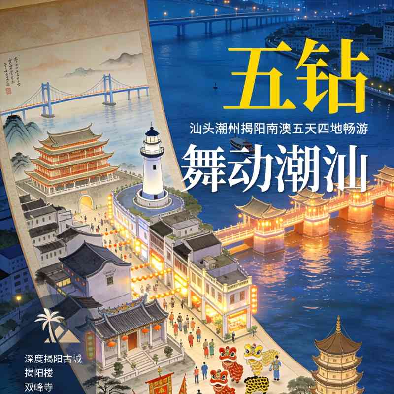 【五钻&舞动潮汕】汕头/潮州/揭阳/南澳岛5日游,全程五钻酒店,28人封顶精品小团,龙虾鲍鱼牛肉火锅,纯玩0购物