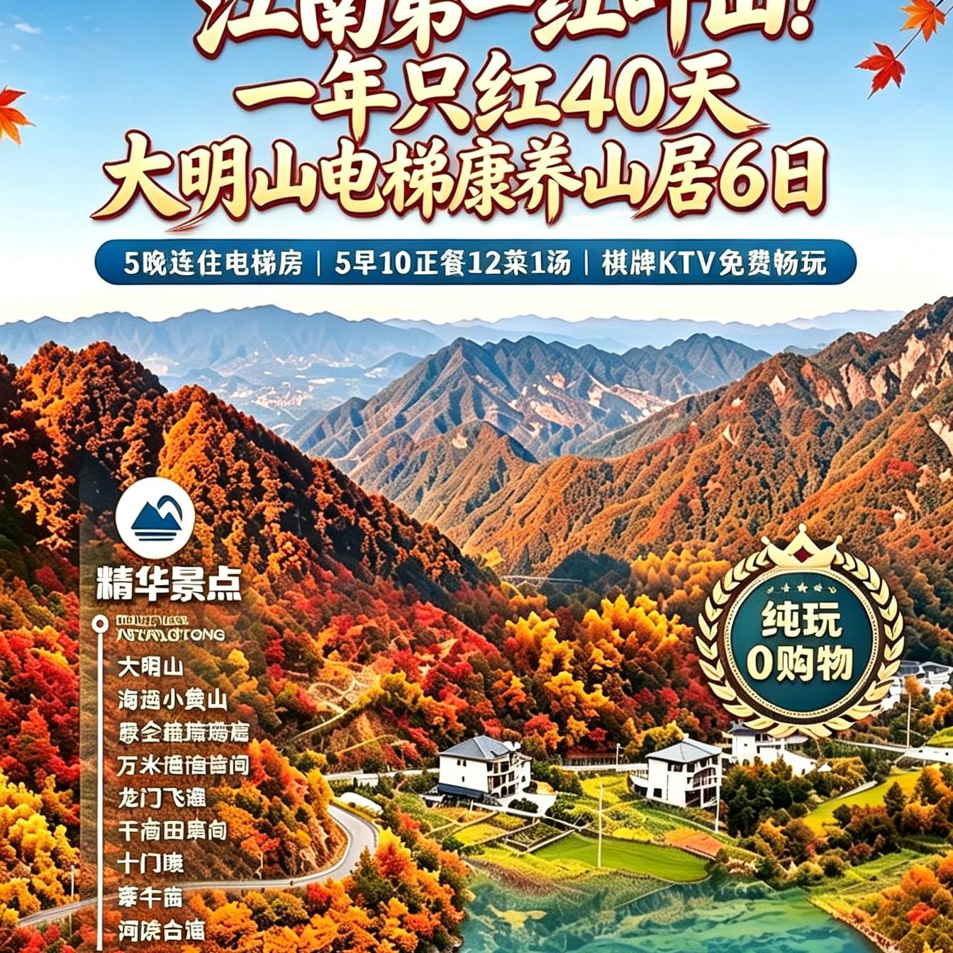 【江南红叶第一山·送3斤小香薯】住进红叶脚下6天5晚电梯康养山居｜499元=5晚连住+全屋空调免费+5早10正12菜1汤+棋牌KTV免费畅玩！临安大明山旅居之旅