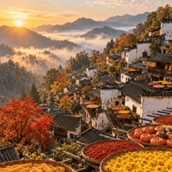高铁班【1699元/人婺源赏秋全景双高纯玩5天4晚】篁岭晒秋-石城红叶-汪口-晓起-望仙谷-婺女洲-4晚连住携程四钻酒店-含4自助早6正餐